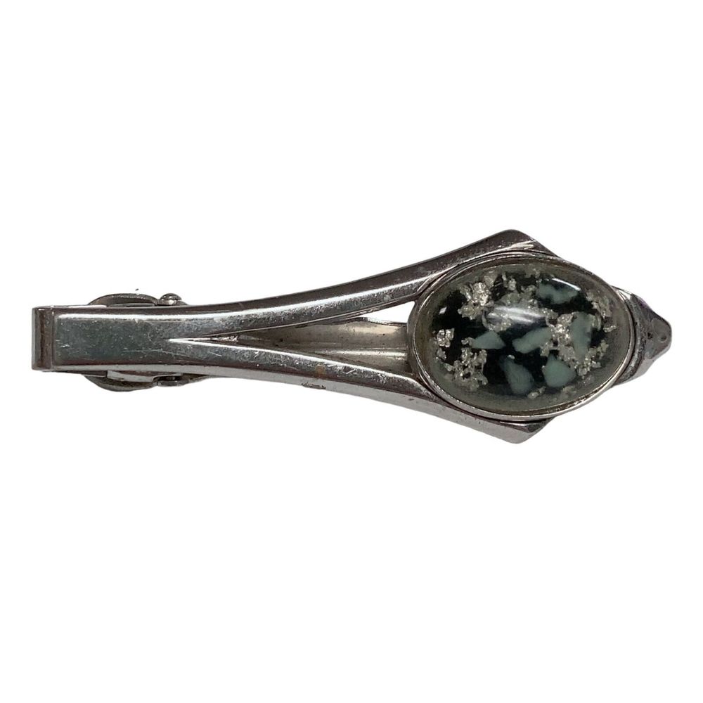 Vintage Signed Anson Tie Clip Bar Clasp Confetti Lucite Gold Flakes Silvertone